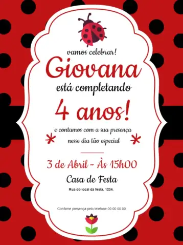 Convite Joaninha Fiesta para cumpleaños infantil – tema cumpleaños infantil (rojo y negro, infantil, burbujas, árabe, divertido, temático)