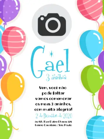 Convite Globos Digital para cumpleaños infantil – tema cumpleaños infantil (colorido, divertido, animado, infantil, festivo)