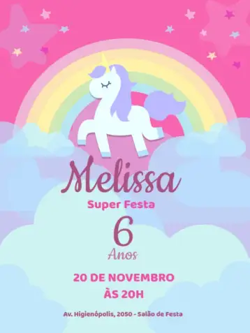 Convite Unicórnio Menina Rosa para aniversário infantil com tema de unicórnio. – tema aniversário infantil (rosa, fantasia, mágico, colorido, ilustrações de unicórnio)