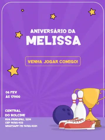 Convite Boliche Estrelas Festa para aniversário infantil – tema aniversário infantil (roxo vibrante, estrelas, boliche, divertido, moderno, colorido)