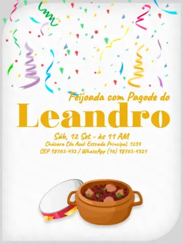 Convite Feijoada Com Pagode Comida para aniversário infantil – tema aniversário infantil (colorido, festivo, brasileiro, divertido, tropical, alegre)