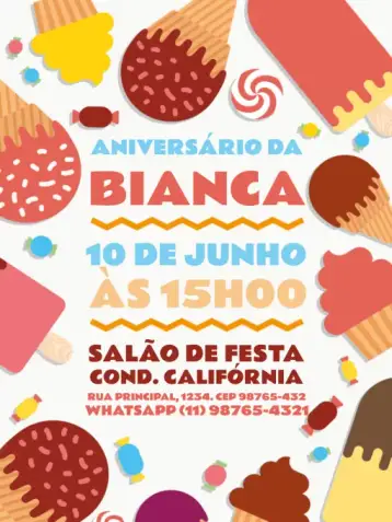 Convite Confeitaria Candy Doces Cupcake para aniversário infantil – tema aniversário infantil (colorido, divertido, doce, brilhante, infantil, festivo)
