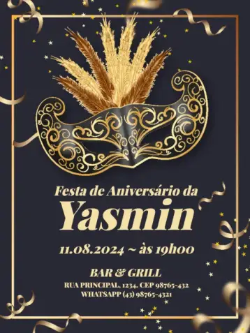 Convite Adult Masquerade Ball Black Gold para adult birthday with masquerade ball theme. – tema kids' birthday party (golden, black, elegant, modern, themed, glamorous)