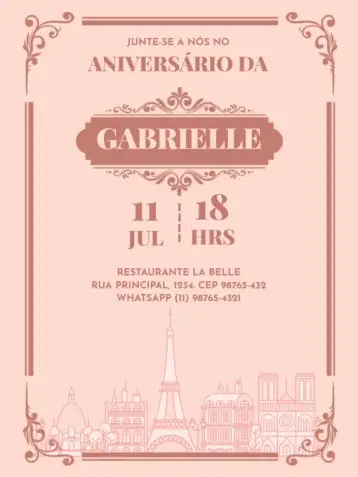 Convite Adulto Femenino Parisino Delicado Ciudad para cumpleaños infantil – tema cumpleaños infantil (delicado, parisino, rosa claro, elegante, femenino, moderno)