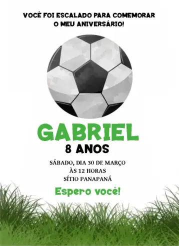 Convite Futebol Para Editar para aniversário infantil com tema futebol. – tema aniversário infantil (verde, branco, moderno, esportivo, divertido, infantil)