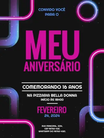 Convite Dark Black Neon para children's birthday – tema kids' birthday party (neon, modern, dark, youthful, colorful)