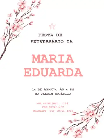Convite Flor De Cerejeira Sakura Minimalista Rosa para aniversário infantil – tema aniversário infantil (floral, minimalista, rosa, delicado, moderno)