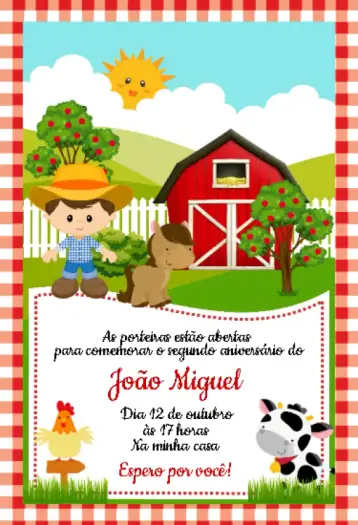 Convite Fazendinha Menino para aniversário infantil com tema de fazendinha. – tema aniversário infantil (rústico, vibrante, colorido, temático, divertido, campestre)