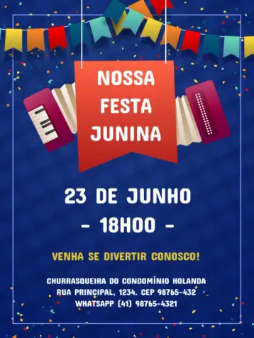 Convite Dark Flag Junina Party para children's birthday with a junina party theme. – tema kids' birthday party (junino, colorful, festive, vintage, modernized, cheerful)