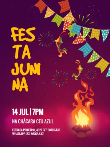 Convite Fiesta Junina Hoguera para cumpleaños infantil con temática de fiesta junina. – tema cumpleaños infantil (junino, temático, vibrante, colorido, divertido, noche estrellada)