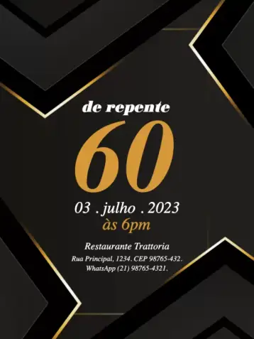Convite Repente 60 Elegante Geométrico para cumpleaños infantil – tema cumpleaños infantil (elegante, geométrico, negro, dorado, moderno, adulto)