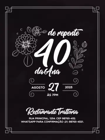 Convite Repente 40 Elegante Encontro para cumpleaños infantil elegante. – tema cumpleaños infantil (elegante, floral, en blanco y negro, femenino, minimalista, moderno)