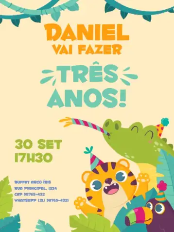 Convite Zoo Colorido Onça para cumpleaños infantil – tema cumpleaños infantil (colorido, salvaje, divertido, lúdico, tropical)