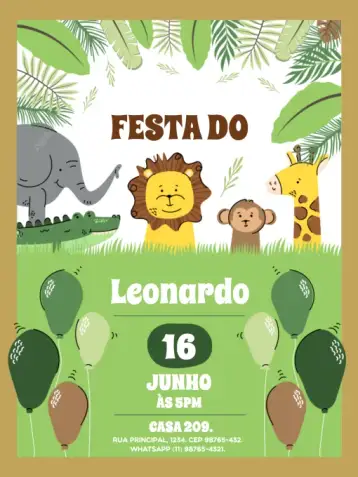 Convite Zoo Feminino para aniversário infantil com tema de zoo. – tema aniversário infantil (cores vibrantes, estilo divertido, elementos da selva, design colorido, ilustrações de animais)