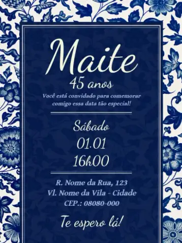 Convite Virtual De - Flores Azuis Portugês para aniversário infantil – tema aniversário infantil (floral, elegante, clássico, azul, feminino, colorido)