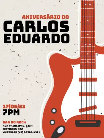 Convite Com Tema Música Rock Guitarra para aniversário infantil com tema de música e rock. – tema aniversário infantil (rock, guitarras, cores vibrantes, estilo grunge, música, festa temática)