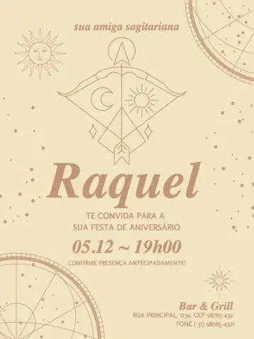 Convite Signos Sagitário Delicado para aniversário infantil – tema aniversário infantil (delicado, místico, claro, bege, estrelas, astrológico)