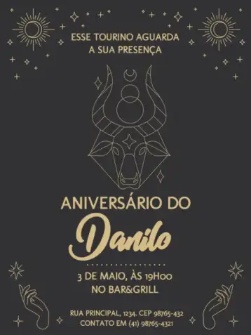 Convite Signos Touro Comemoração para aniversário infantil com tema astrológico. – tema aniversário infantil (místico, dourado, escuro, zodíaco, moderno)