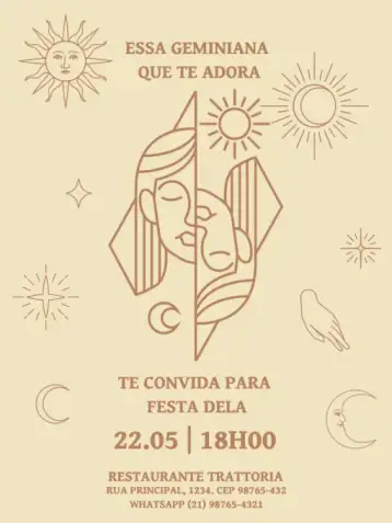 Convite Signos Gêmeos Estrela para aniversário infantil – tema aniversário infantil (místico, delicado, zodíaco, cores pastel, estrelas, design moderno)