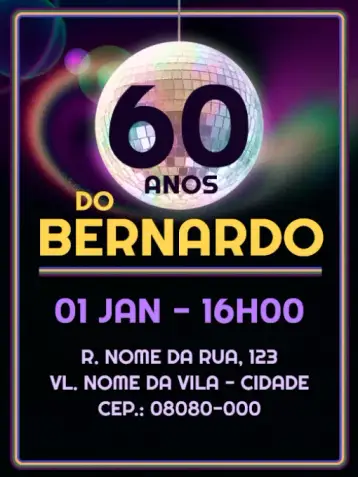 Convite Virtual 60 Anos - Fiesta de Discoteca para cumpleaños infantil con temática de discoteca. – tema cumpleaños infantil (retro, colorido, vintage, brillante, divertido, festivo)