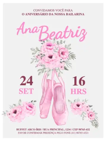 Convite Encuentro de Bailarina Floral para cumpleaños infantil – tema cumpleaños infantil (floral, delicado, femenino, ballet, rosa claro, alegre)