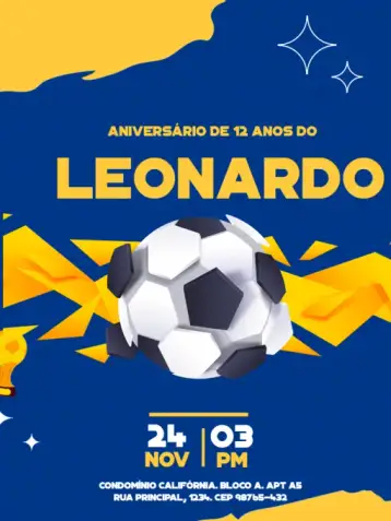 Convite Time De Futibol Moderno Azul para aniversário infantil – tema aniversário infantil (moderno, esportivo, azul, amarelo, dinâmico, brasileiro)