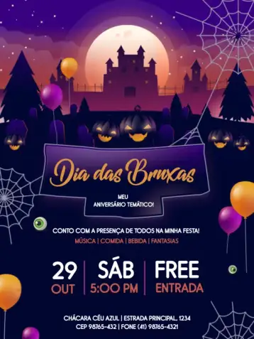 Convite Dark Halloween para children's birthday with a halloween theme. – tema kids' birthday party (dark, purple, fun, horror, themed party, costume)