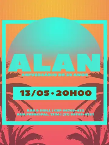 Convite S De Tardezinha Laranja Neon para children's birthday – tema kids' birthday party (neon, retro, tropical, colorful, festive, 80s)