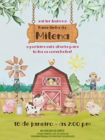 Convite Tema Granja Rosa para cumpleaños infantil con tema granja. – tema cumpleaños infantil (acuarela, rural, floral, lúdico, colorido, naturaleza)
