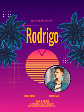 Convite S De Tardezinha Celebration para children's birthday – tema kids' birthday party (neon, retro, geometric, 80s themed, colorful, tropical)