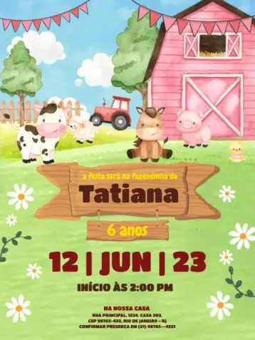 Convite Granja Virtual Rosa Animal para cumpleaños infantil – tema cumpleaños infantil (lúdico, floral, rural, colorido, aquarela)