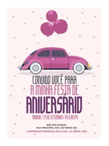 Convite Fusca Lúdico para aniversário infantil – tema cumpleaños infantil (rosa, divertido, lúdico, colorido, infantil, automotivo)
