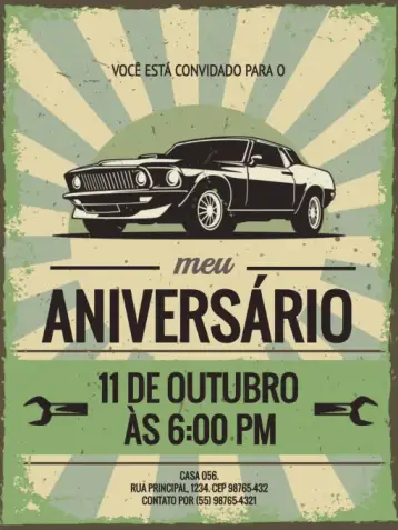 Convite Autos Antiguos Verde Retro para cumpleaños infantil con temática de autos antiguos. – tema cumpleaños infantil (retro, vintage, verde claro, automotriz, divertido, colorido)