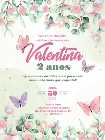 Convite Digital Enchanted Garden Delicate Butterflies para children's birthday. – tema kids' birthday party (floral, watercolor, delicate, playful, pastel, natural)