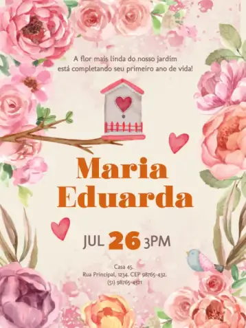 Convite Jardín Encantado Digital Rosas Niña para cumpleaños infantil. – tema cumpleaños infantil (floral, delicado, acuarela, claro, colorido, encantado)