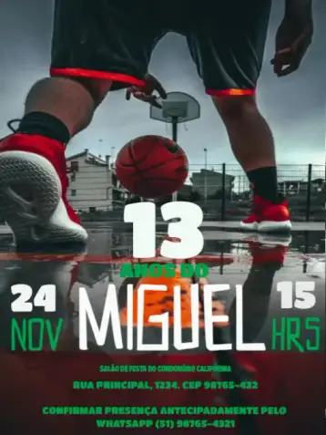 Convite 13 Anos Baketbol Garrafão para aniversário de 15 anos com tema de basquete. – tema 15 anos (esportivo, moderno, colorido, dinâmico, jovem)