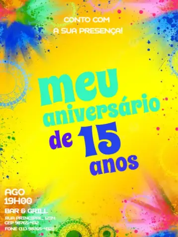 Convite 15 Años Para Editar Divertido para fiesta de 15 años y celebración de quinceañera. – tema 15 años (colorido, divertido, musical, moderno, roxo, infantil)
