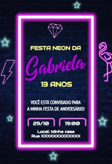 Convite Digital Fiesta Neon Online Balada para cumpleaños de 15 años con temática neon. – tema 15 años (brillante neón, moderno, colorido, festivo, vibrante, urbano)