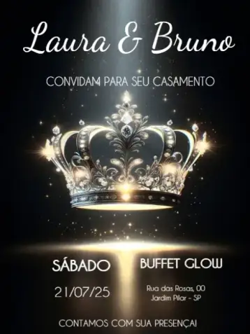 Convite Casamento Coroa Para Editar Comemoração para casamento e bodas de forma elegante e personalizada. – tema casamento (elegante, delicado, madeira, arabesco, romântico, sustentável)