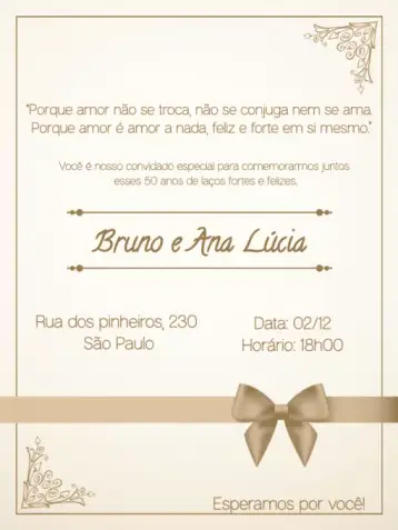 Convite Bodas Ouro Comemoração para bodas de ouro - comemoração de 50 anos de casados. – tema casamento (dourado, elegante, arabesco, romântico, moderno, luxuoso)