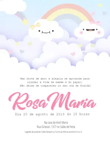 Convite Lluvia De Amor Whatsapp para baby shower. – tema baby shower (lindo, colorido, infantil, nuvens, corações, arco-íris)