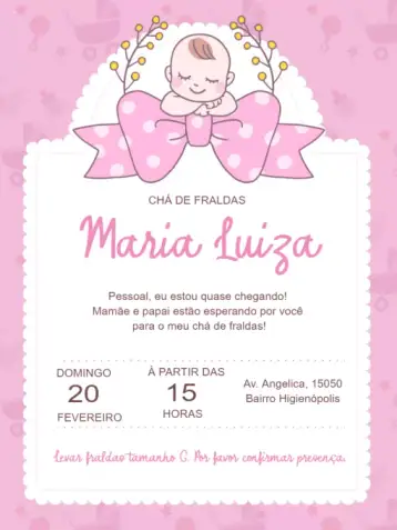 Convite Chá De Fraldas Top para chá de fraldas para a chegada de uma menina. – tema chá de fraldas (rosa suave, delicado, infantil, moderno, feminino)