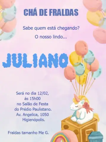 Convite Fraldas Unicórnio Digital Personalizado para chá de fraldas – tema chá de fraldas (cores pastel, lúdico, colorido, mágico, infantil, divertido)
