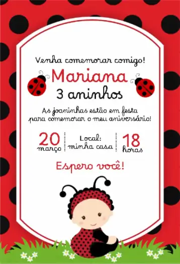 Convite Joaninha Virtual Bebê para chá de fraldas – tema chá de fraldas (lúdico, colorido, fofo, infantil, natureza, vintage)