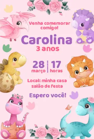 Convite Digital Dinosaur Girl Watercolor para baby shower – tema diaper shower (watercolor, children's, colorful, fun-filled, modern, playful)