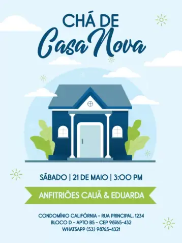Convite Chá De Casa Nova Online Festa para chá de fraldas para celebrar a nova casa. – tema chá de fraldas (azul suave, delicado, moderno, aconchegante, minimalista)