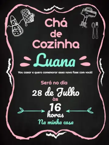 Convite Chá De Cozinha - Modelo Quadro Negro 4 Festa para chá de cozinha – tema chá de fraldas (quadro negro, moderno, feminino, talheres, rosa e azul, dourado)
