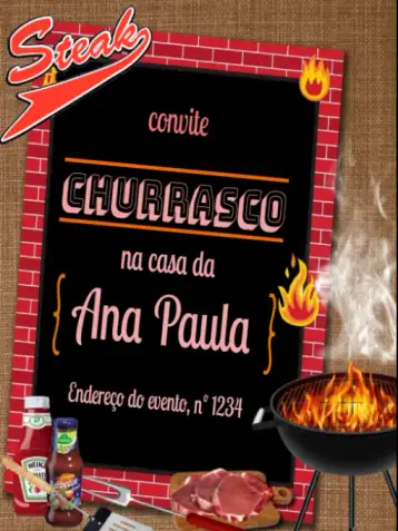 Convite Barbacoa Digital a la Brasa para barbacoa entre amigos y familiares – tema más buscados (moderno, vibrante, descontraído, estilo rústico, elementos gráficos de churrasco)