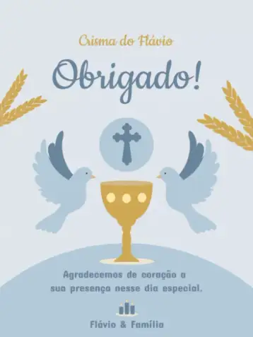 Convite Cartão De Agradecimento Presença Crisma Azul Gratidão para crisma e celebrações religiosas. – tema cartão (elegante, religioso, minimalista, moderno, azul e dourado)