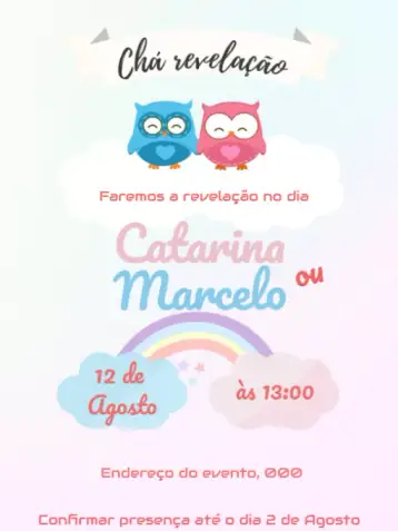 Convite Chá De Bebê Revelação Corujinhas Whatsapp para chá de bebê para revelação de gênero. – tema chá rifa (corujinhas, rosa e azul, balões coloridos, moderninho, divertido, celebrativo)